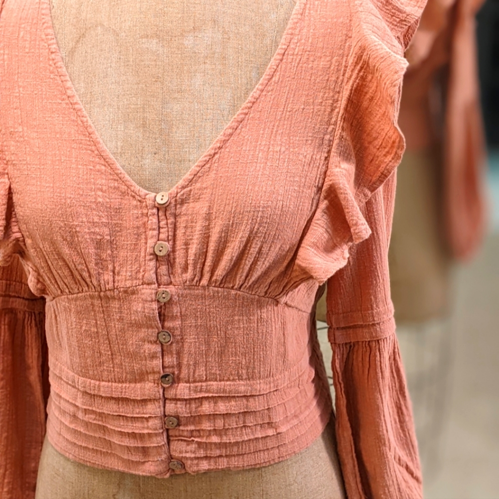 Primark Rust Coral Button-Front Ruffle Blouse - Picture 6 of 8